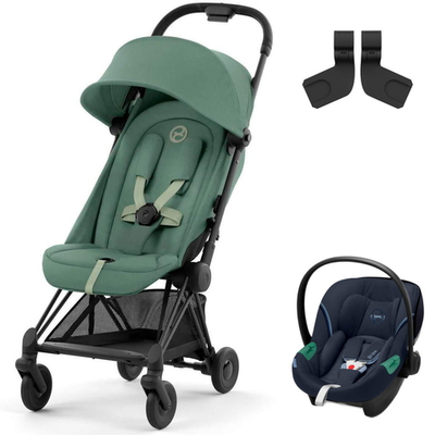 Коляска Cybex Coya Matt Black Frame Aton S2 i-Size Ocean Blue Leaf Green с дождевиком