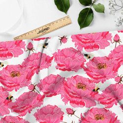 Ткань лен крупные розовые цветы
