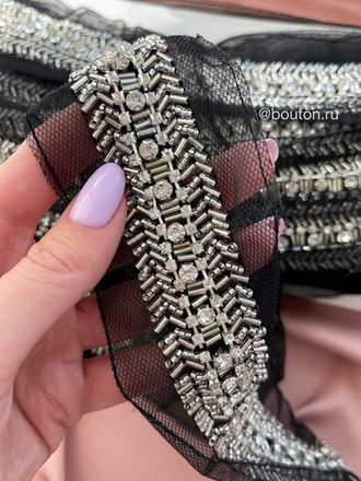 Тесьма стразы стеклярус черная