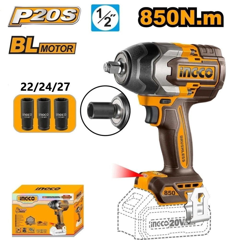 Аккумуляторный бесщеточный ударный гайковерт INGCO CIWLI20851 INDUSTRIAL 20 В 1/2&quot; 850 Нм