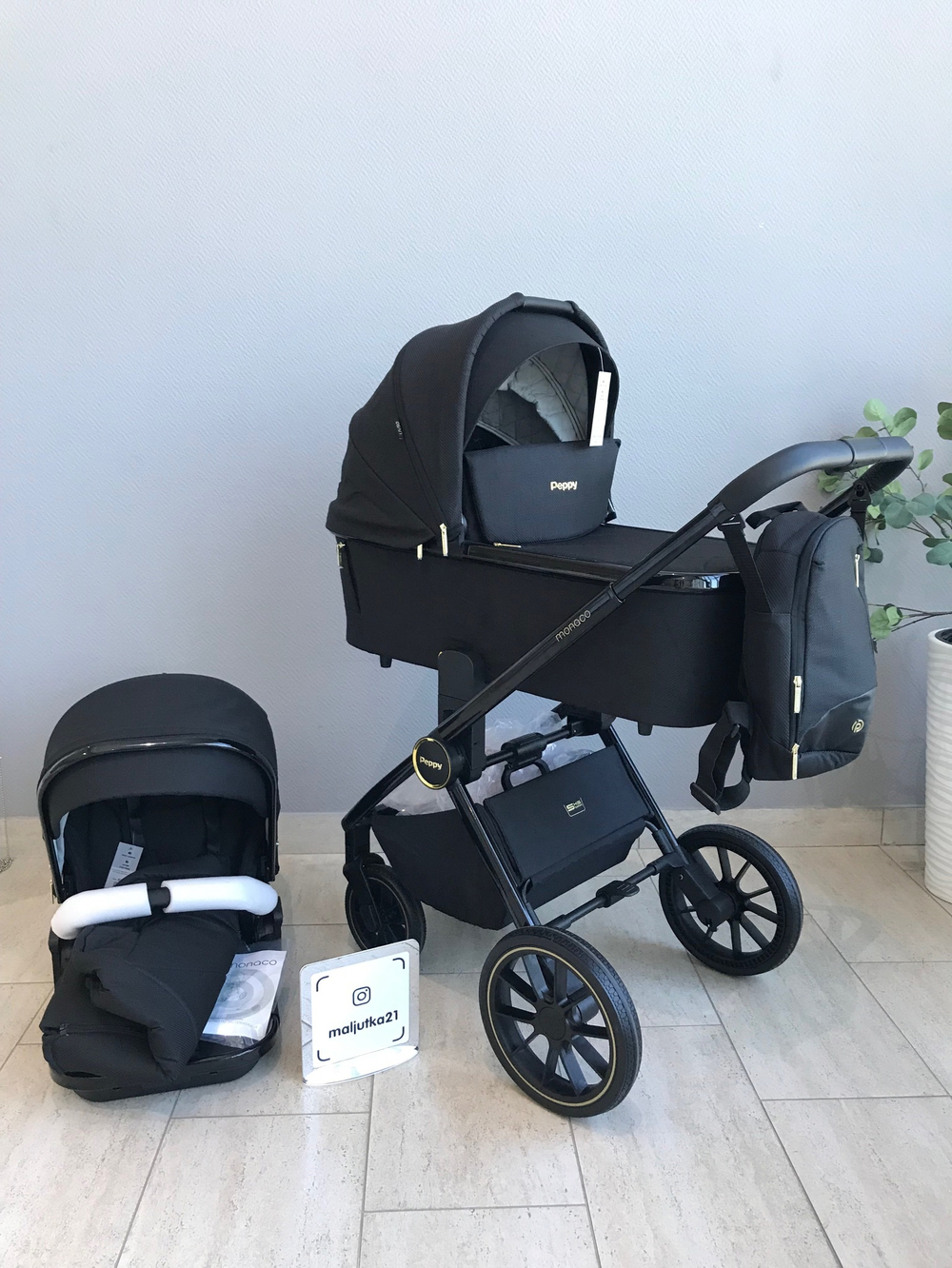 Коляска детская Peppy Monaco 2 в 1 Royal black (черный), рама черный глянец