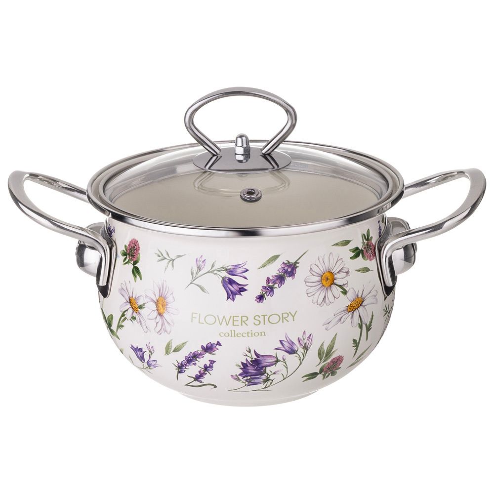 КАСТРЮЛЯ AGNESS ЭМАЛИРОВАННАЯ СО СТЕКЛЯННОЙ КРЫШКОЙ СЕРИЯ "FLOWER STORY", 1,5 Л ДИА. 16СМ