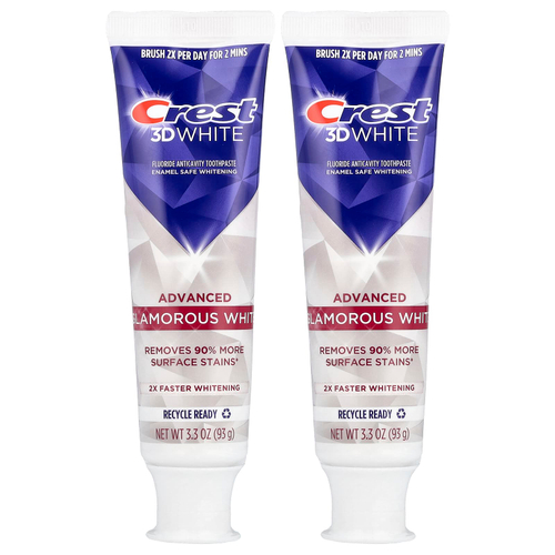 Crest, 3D White, фторсодержащая зубная паста от кариеса, улучшенная, с эффектом гламурного белого цвета, 2 тюбика по 93 г (3,3 унции)
