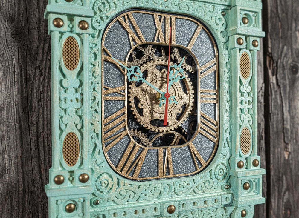 Крупный план мятных часов-наличника WOODandROOT с детальной резьбой и контрастным циферблатом на фоне грубой деревянной поверхности.