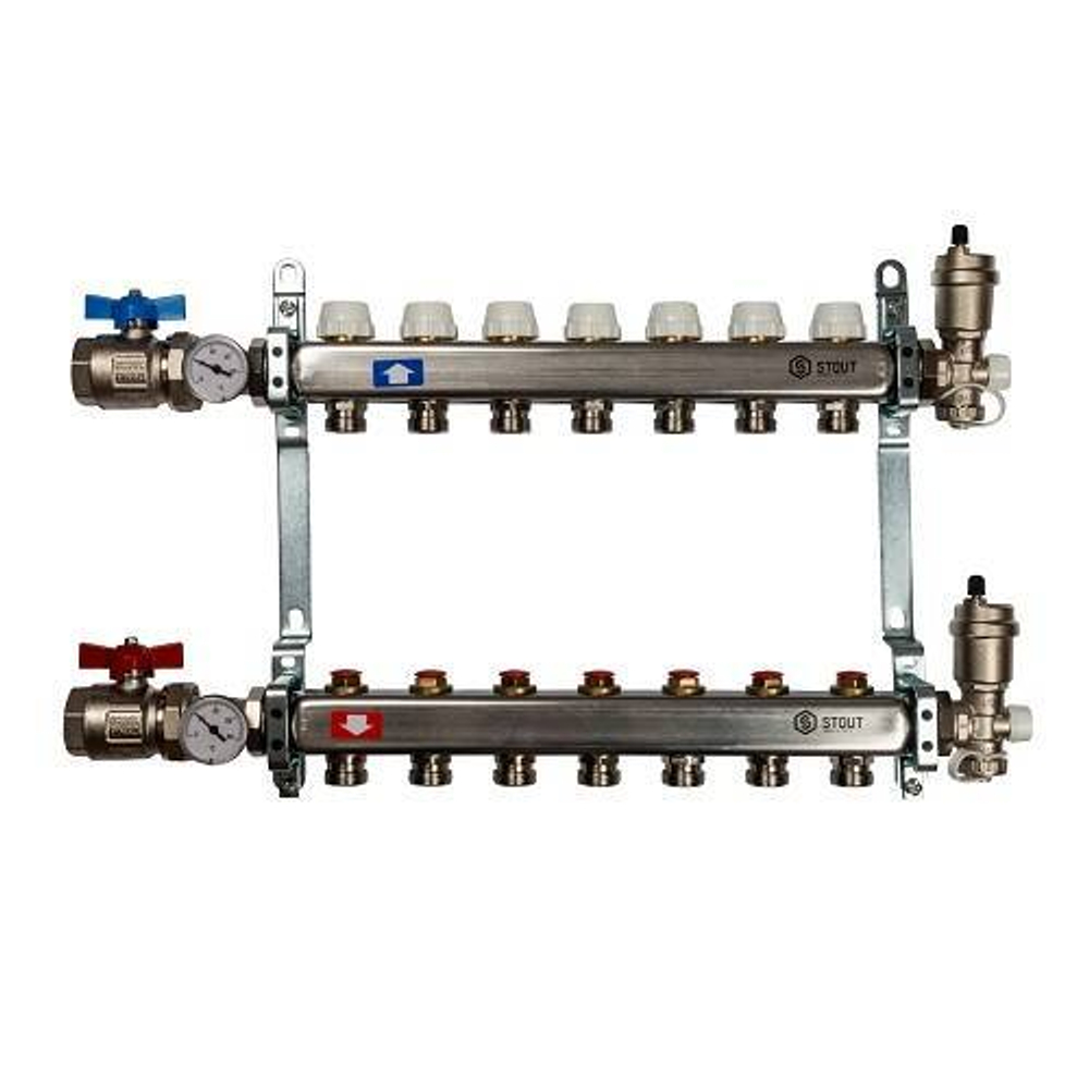 Коллекторная группа для радиаторного отопления STOUT SMS0912 - 1" на 7 контуров 3/4"EK (нерж.сталь)