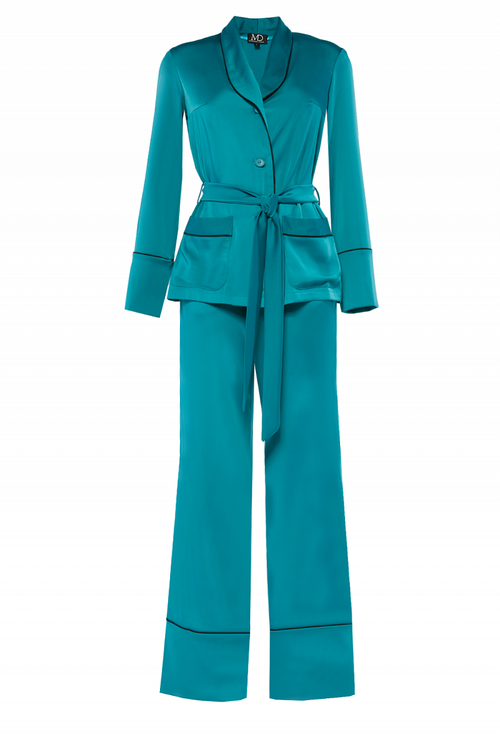 Брючный костюм из шелка изумрудный 04-19 SS