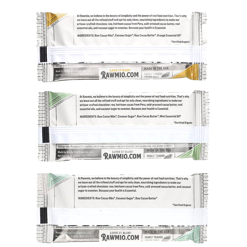 Rawmio, Essential Bar, органический необработанный шоколад, 70% какао, апельсин, перечная мята, оригинальный вкус, 3 батончика по 30 г (1,1 унции)