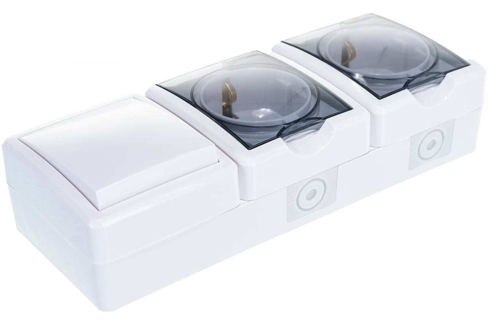 Блок две розетки+выключатель IP54, 16A(10AX)-250В, белый Эксперт ЭРА