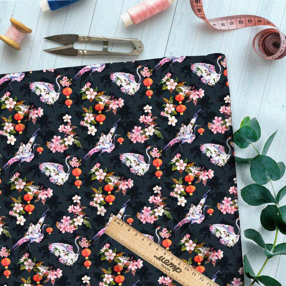 Ткань флис цветущие цапли и белые грибы