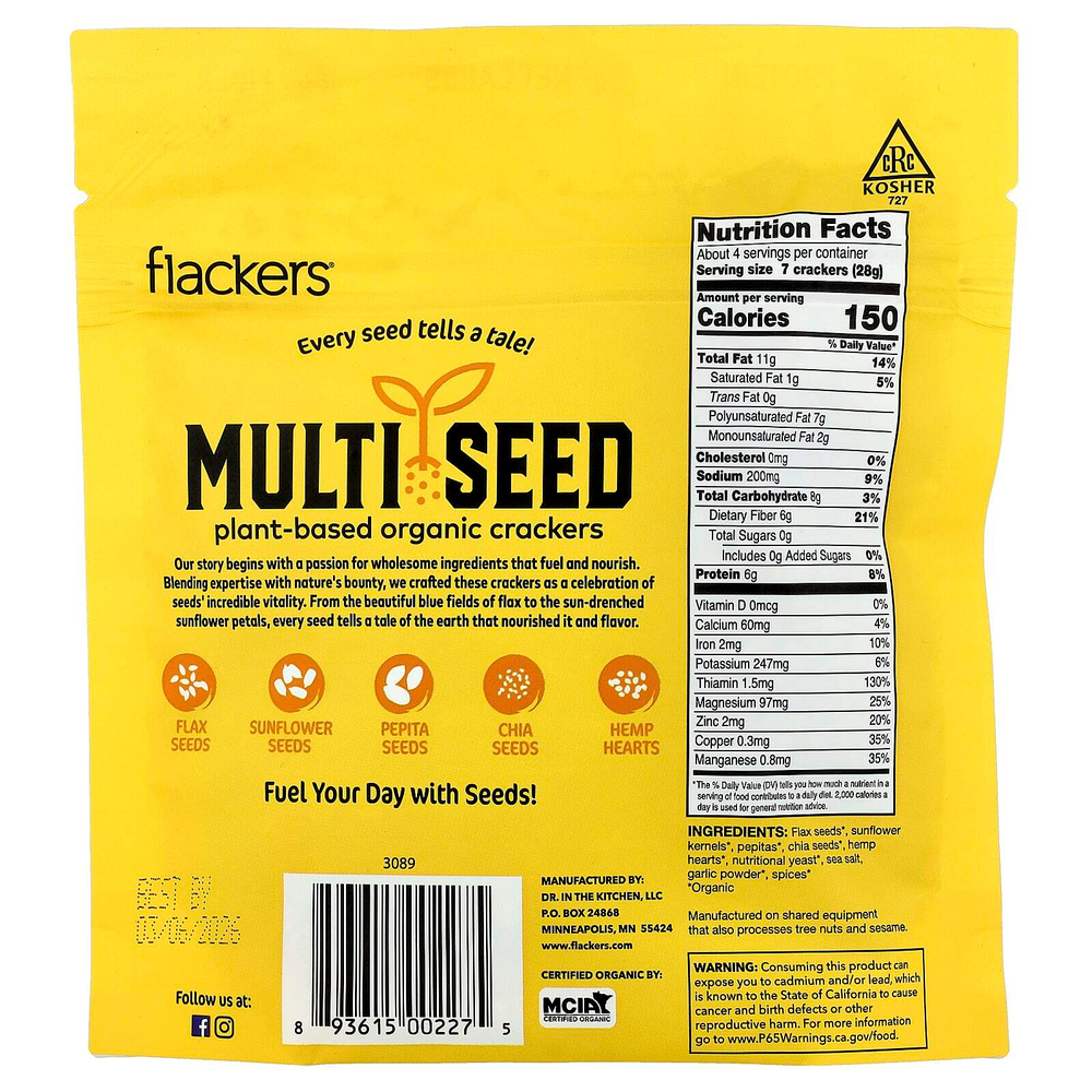 Flackers, Multi Seed, органические крекеры на растительной основе, Cheeze-Pleaze, чеснок и специи, 113 г (4 унции)