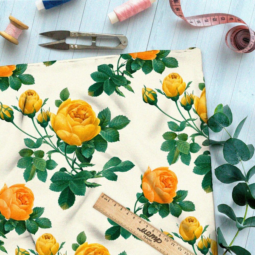 Ткань футер 2-х нитка жёлтые розы на бежевом фоне