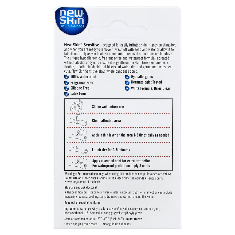 New Skin, Жидкая повязка / средство для защиты кожи, для чувствительной кожи, 10 мл (0,3 жидк. унц.)