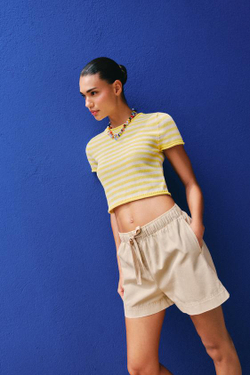 ZARA ШОРТЫ ИЗ 100% ХЛОПКА С ЭЛАСТИЧНЫМ ПОЯСОМ, ПЕСОЧНЫЙ