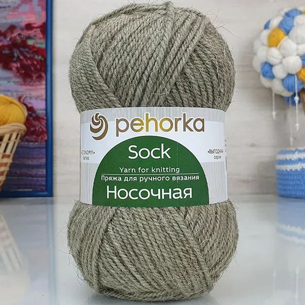 Носочная пряжа Россия Пехорка 50%полутонк.шерсть 50%акрил 5х100г/200м (494 св.хаки)