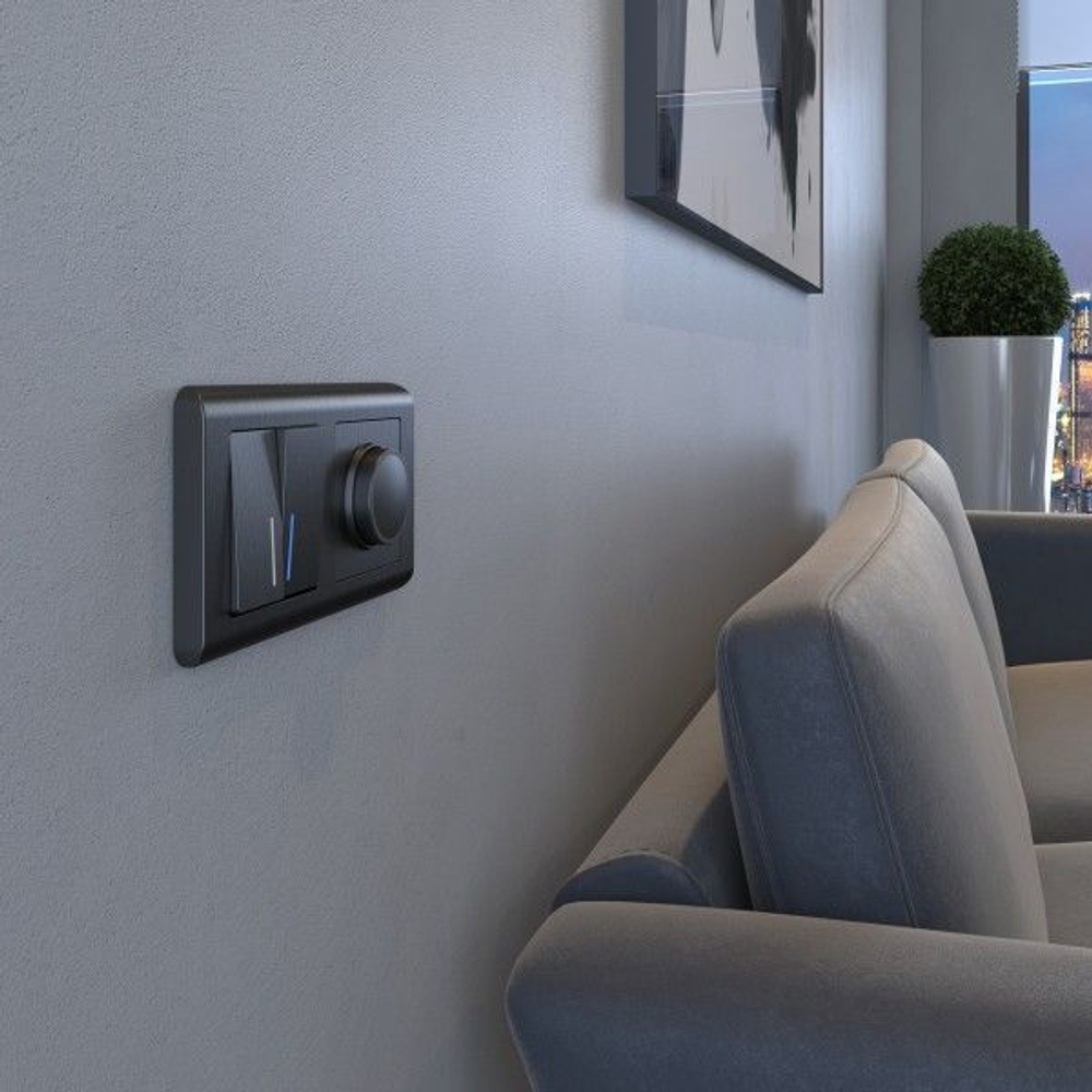 Выключатель двухклавишный с подсветкой (графит рифленый)