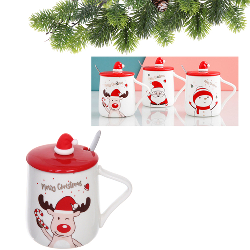 Кружка керамическая 450мл «Новый год» с крышкой и ложкой