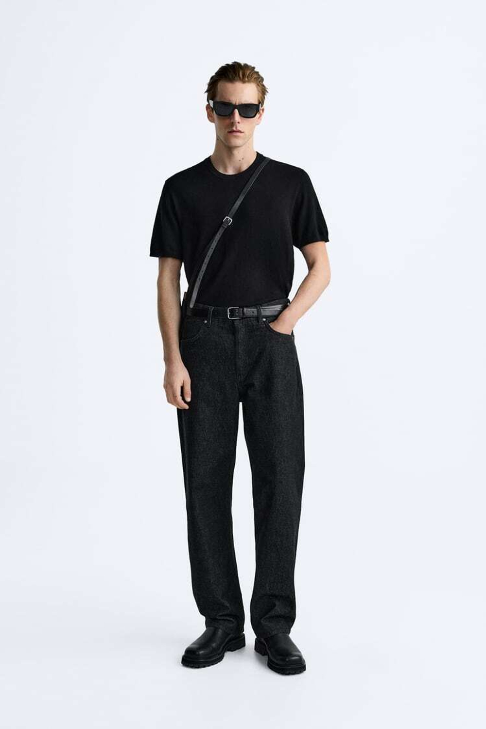 ZARA ФУТБОЛКА ИЗ СМЕСОВОЙ ВИСКОЗЫ, ЧЕРНЫЙ