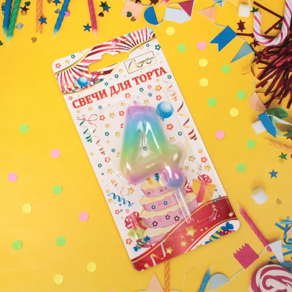 Свеча для торта Цифра Радуга «4» 6*4 см