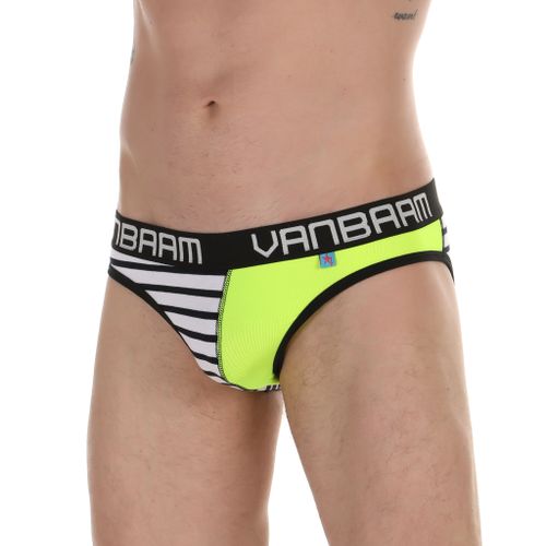 Мужские трусы слипы белые в полоску с салатовой вставкой Van Baam