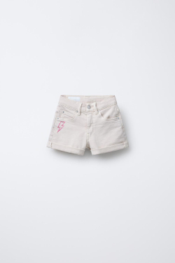 ZARA ДЖИНСОВЫЕ ШОРТЫ С ВЫШИВКОЙ «МОЛНИЯ», ЭКРЮ