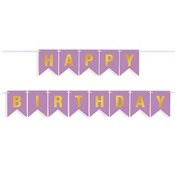 Гирлянда Флажки, Happy Birthday, Светло-сиреневый/Золото, Металлик, 500 см, 16*12 см.