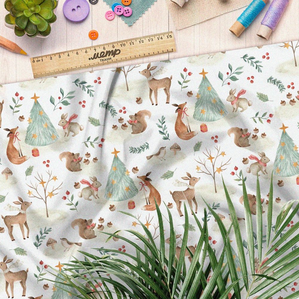 Ткань саржа зверьки возле ёлки