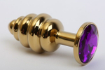 Золотистая ребристая анальная пробка с фиолетовым стразом - 7,3 см. (Цвет: фиолетовый)