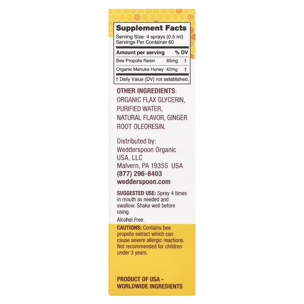 Wedderspoon, Спрей для горла с медом и прополисом Manuka, лимонный имбирь, MGO 400+, 30 мл (1 жидк. унц.)