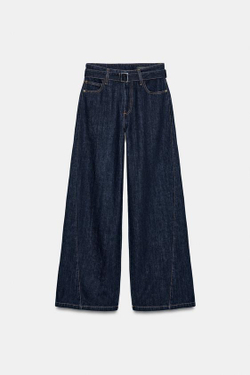 ZARA ДЖИНСЫ WIDE LEG С ВЫСОКОЙ ПОСАДКОЙ И РЕМНЕМ — ZW COLLECTION, СИНИЙ