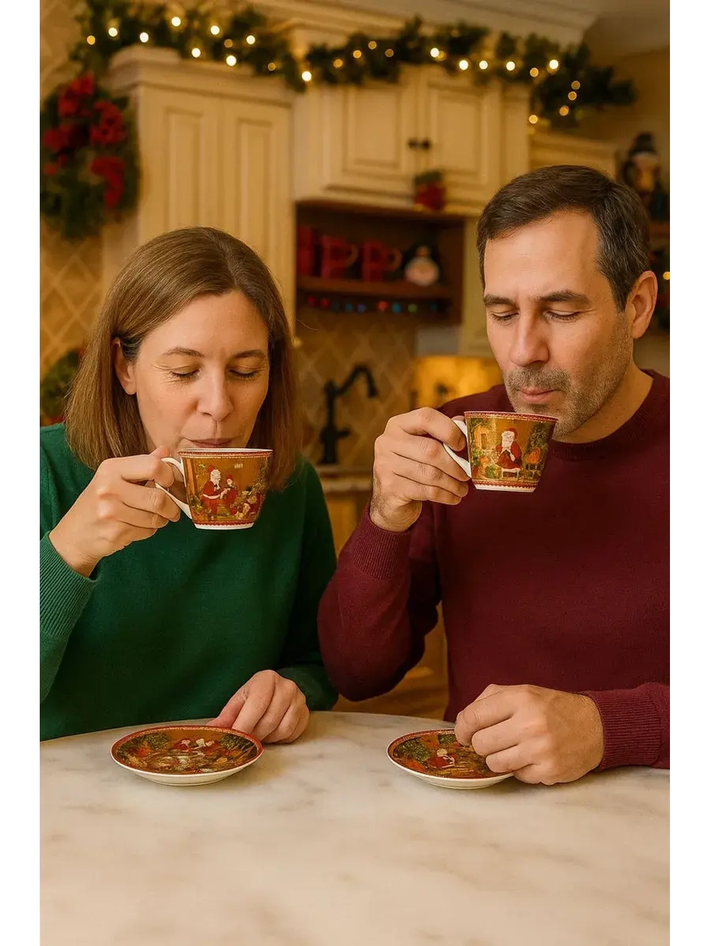 Новогодний набор чашек и блюдец с Санта-Клауса.