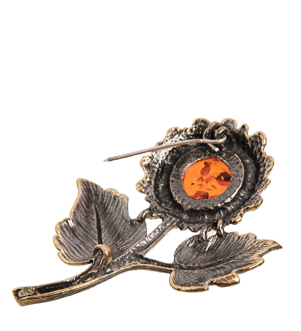 AM-2377 Брошь «Подсолнух полевой» (латунь, янтарь)