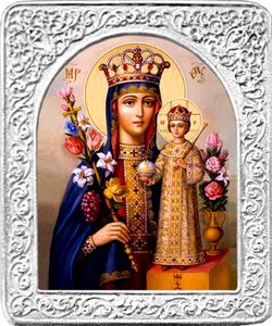 Маленькая икона Божьей матери в серебряной раме Неувядаемый (Благоуханный) цвет.