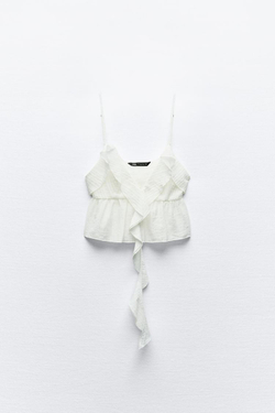 ZARA КРУЖЕВНОЙ ТОП С ВОЛАНАМИ, БЕЛЫЙ