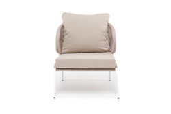 "Милан" кресло плетеное из роупа, каркас алюминий белый муар, роуп бежевый круглый, ткань бежевая 035