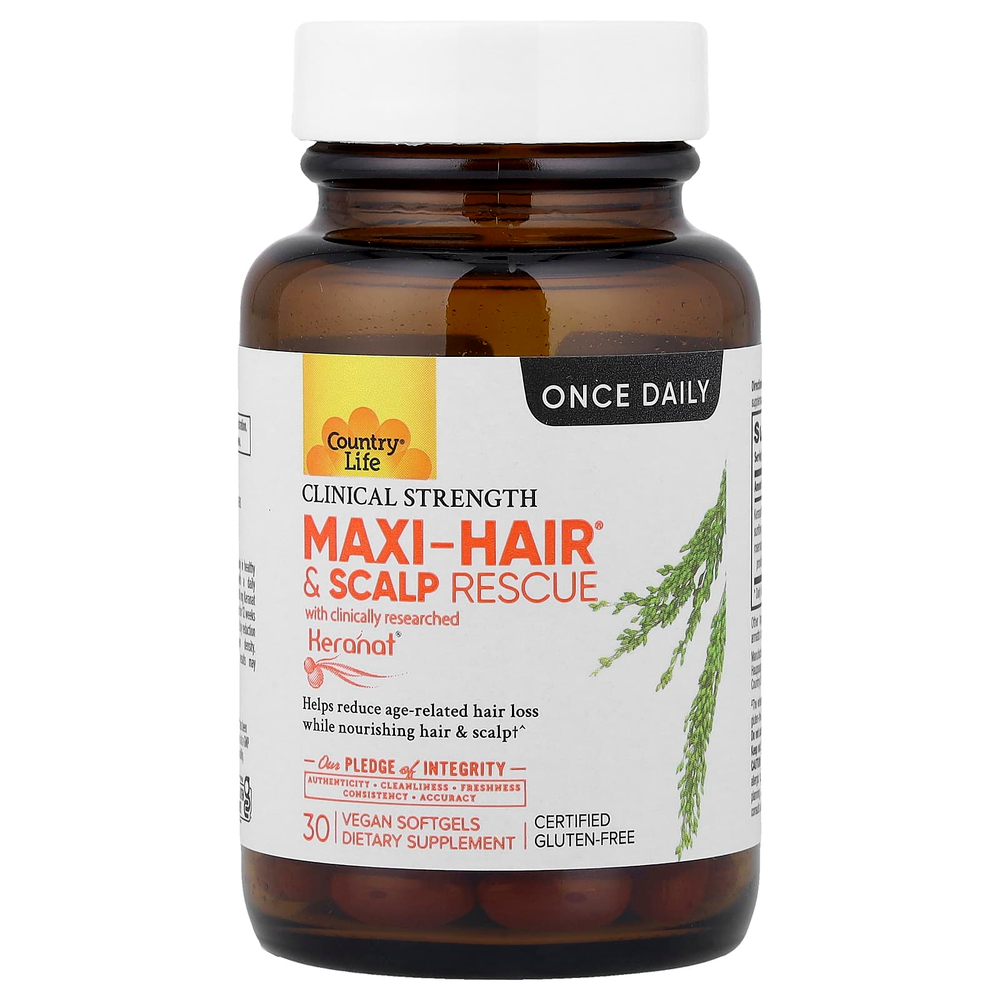 Country Life, Maxi-Hair® и Scalp Rescue, клинически подтвержденная эффективность, 30 веганских капсул