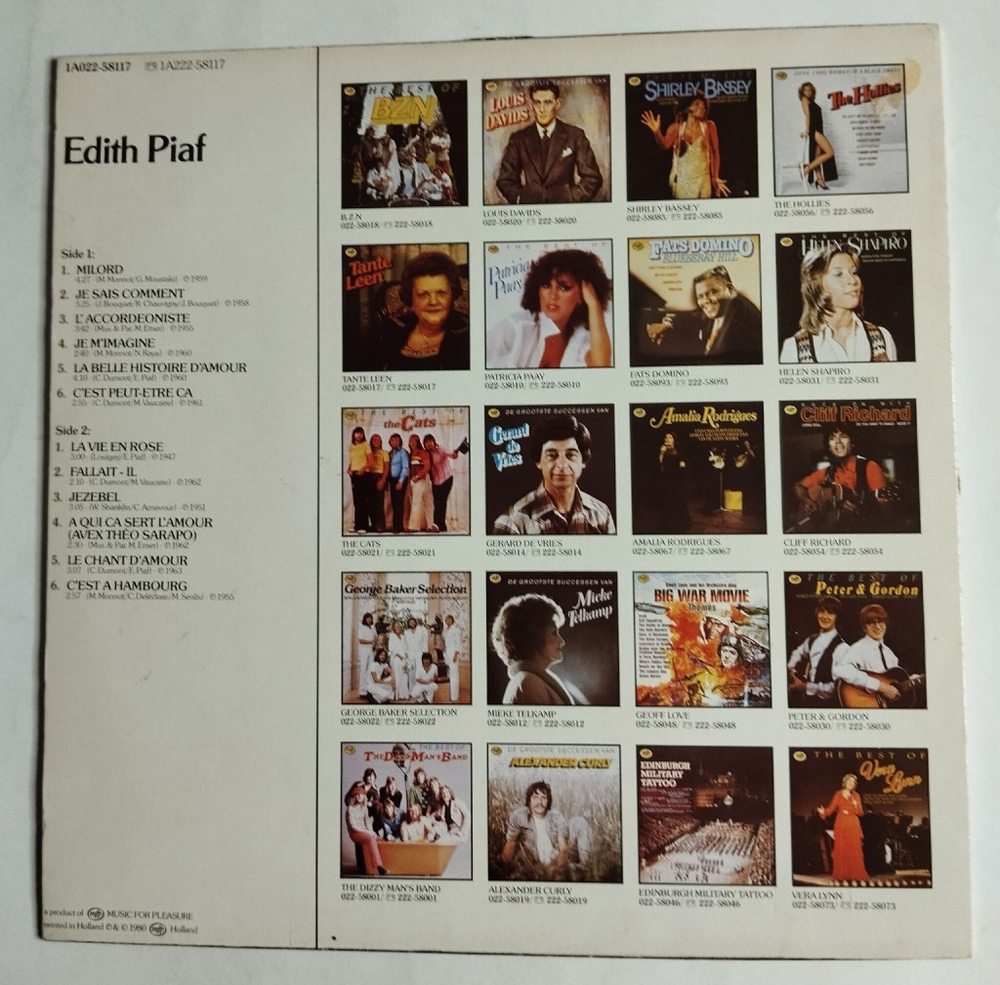 Винтажная виниловая пластинка LP Edith Piaf Milord (Holland 1983)