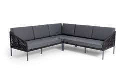 "Канны" диван модульный плетеный из роупа (узелки), каркас алюминий темно-серый (RAL7024) муар, роуп темно-серый круглый, ткань темно-серая 027