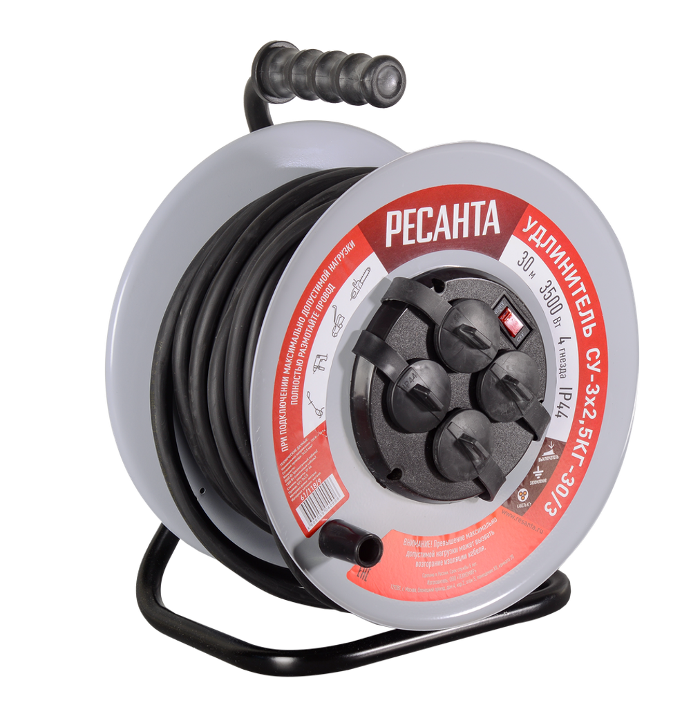 Удлинитель силовой на металлической катушке Ресанта СУ-3х2,5КГ-30/3 (с выкл., 4 розетки, IP44)