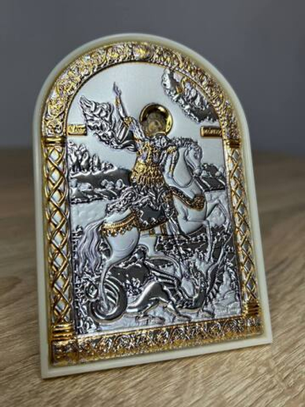 Георгий Победоносец, икона арочная, пластик белый 80х115