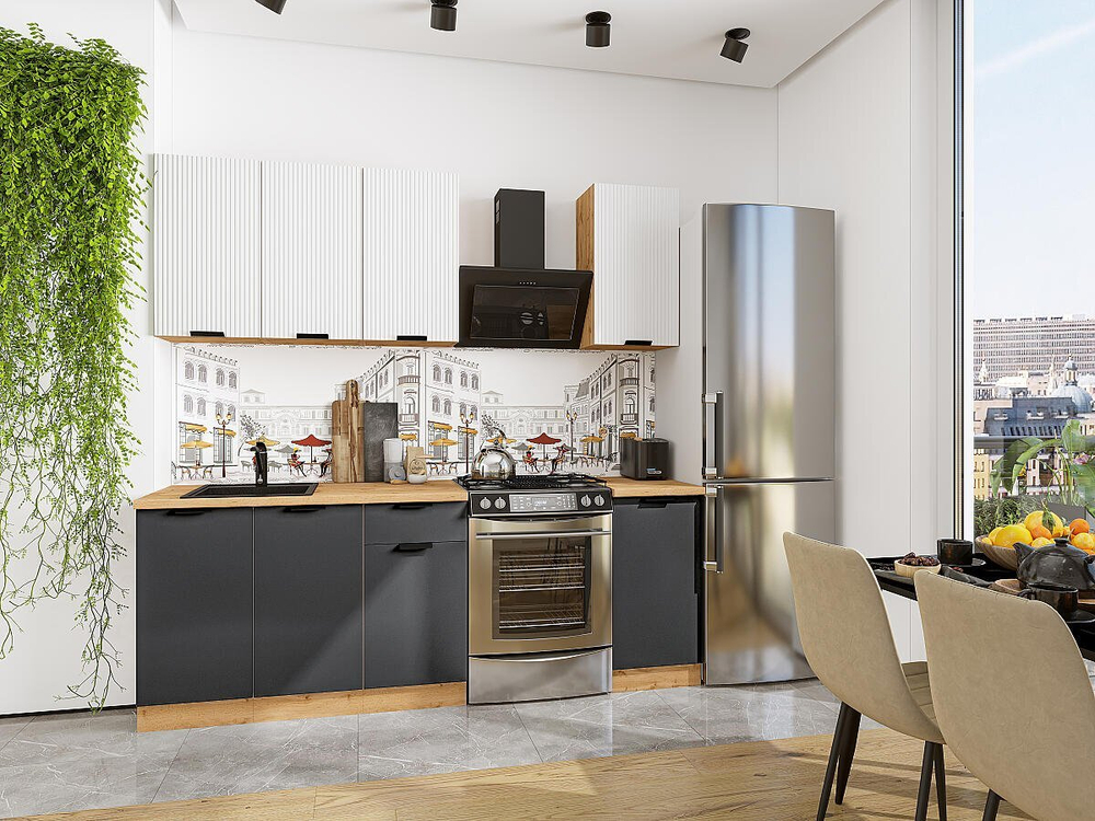 Прямая модульная кухня Евро Лайн-06 Белый/Антрацит - Дуб Вотан 2140*1400*600