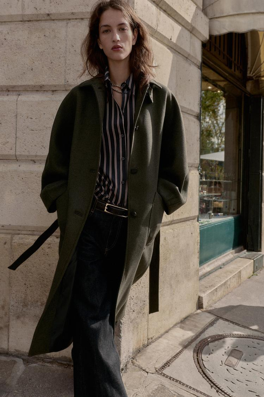 ZARA ПАЛЬТО ИЗ ШЕРСТИ С КОНТРАСТНЫМ ВОРОТНИКОМ И РУКАВАМИ «ШАР», ХАКИ