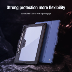 Чехол книжка синего цвета от Nillkin для планшета Samsung Galaxy Tab S9 FE+ Плюс, серия Bumper Pro Case-Multi Angle Folding Style, с защитной шторкой для камеры