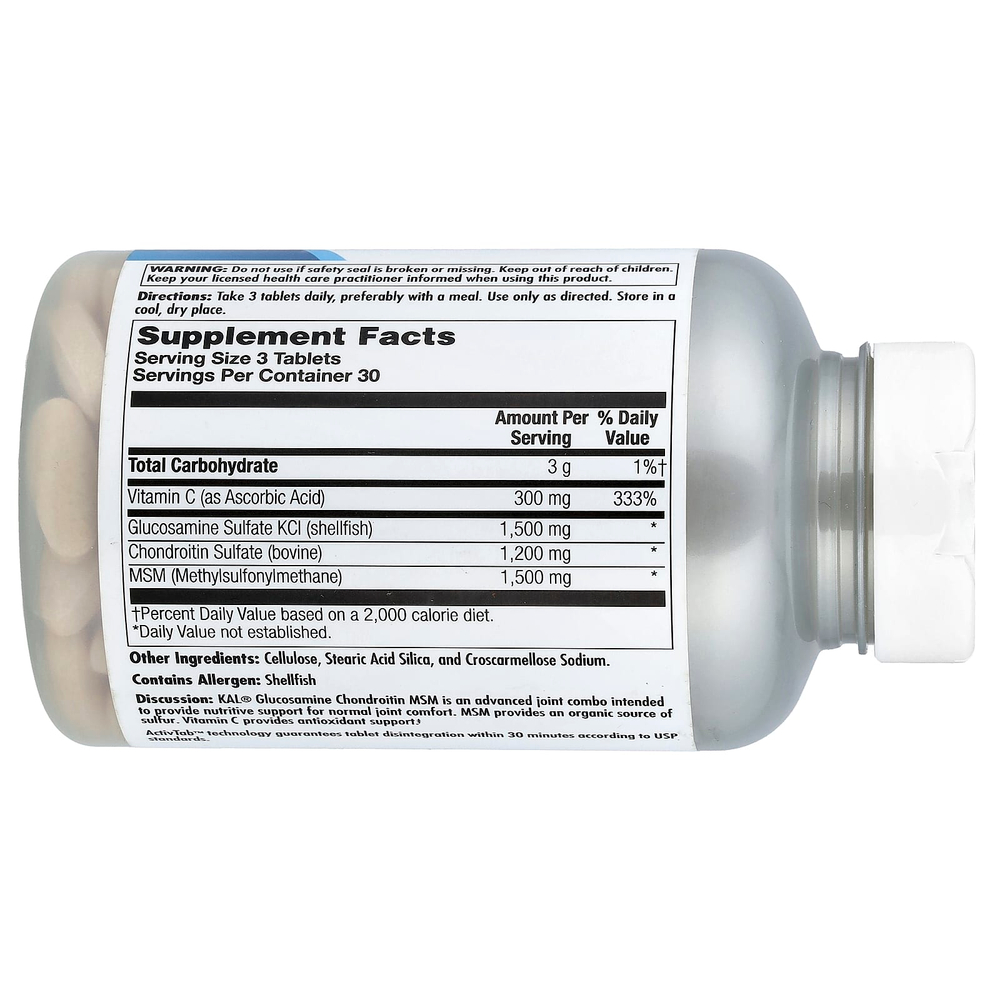 KAL, Глюкозамин, хондроитин, MSM, без натрия, 90 таблеток