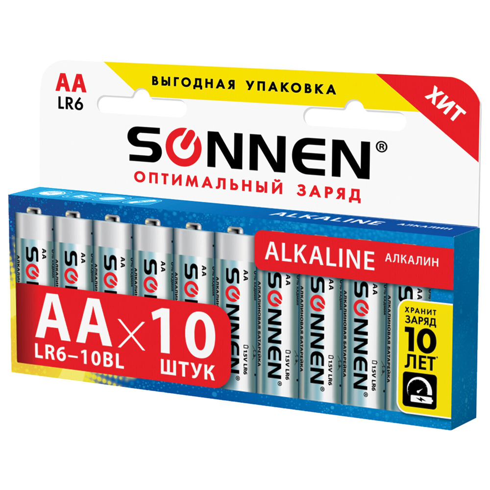 Батарейки комплект 10 шт. SONNEN Alkaline АА (LR6 15А) алкалиновые пальчиковые короб (6 штук в упаковке)