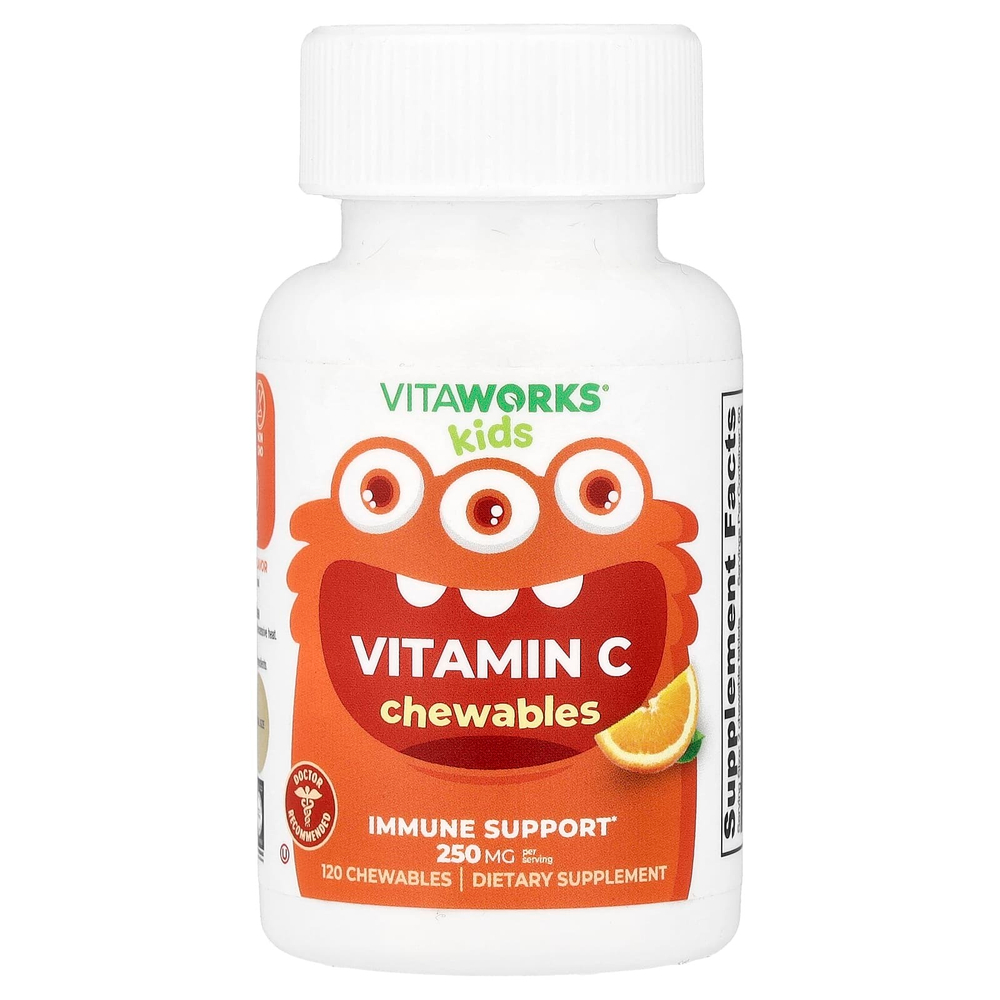 VitaWorks, жевательные таблетки с витамином C, со вкусом кислого апельсина, 120 жевательных таблеток (125 мг в 1 жевательной таблетке)