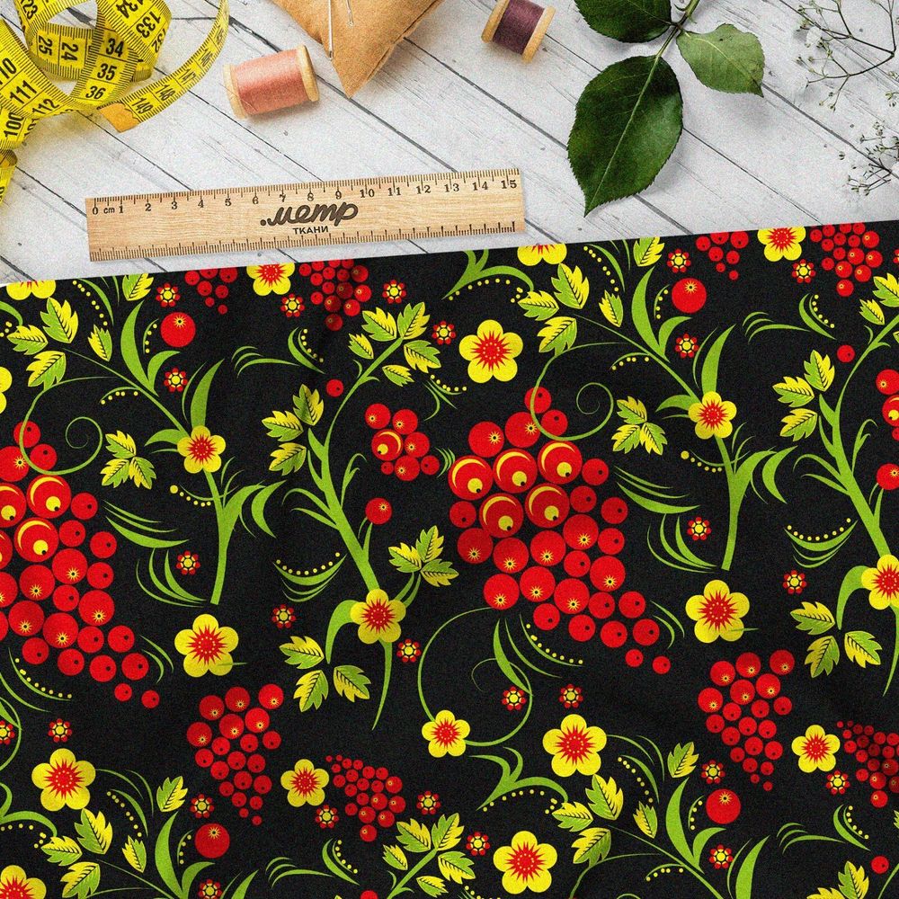 Ткань шифон русская роспись хохлома