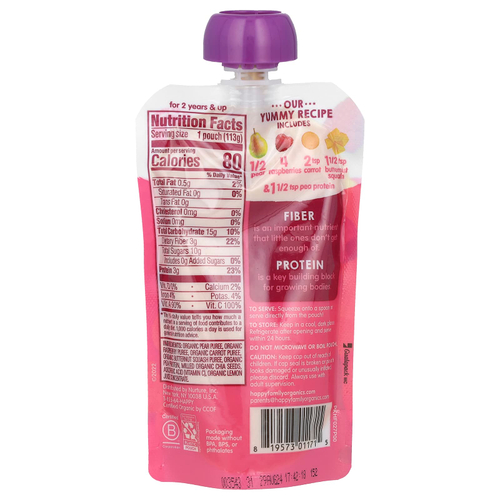 Happy Family Organics, Happy Tot®, клетчатка и протеин, для детей от 2 лет, органические груши, малина, морковь и мускатная тыква, 113 г (4 унции)