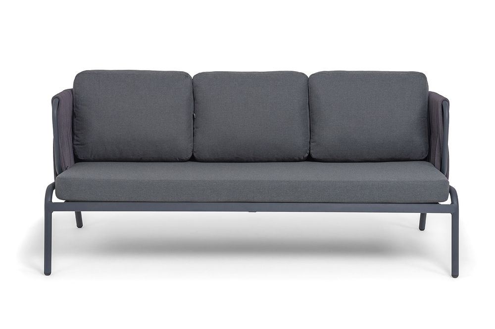 "Ронда" диван 3-местный плетеный из роупа, каркас алюминий темно-серый (RAL7024) муар, роуп серый 40 мм tex, ткань темно-серая 027