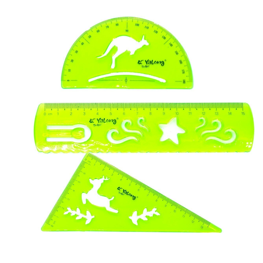 Набор чертежный Yalong, 15 см, пластиковый с трафаретом, 3 предмета, гибкий, цвета ассорти, пакет ПВХ с европодвесом