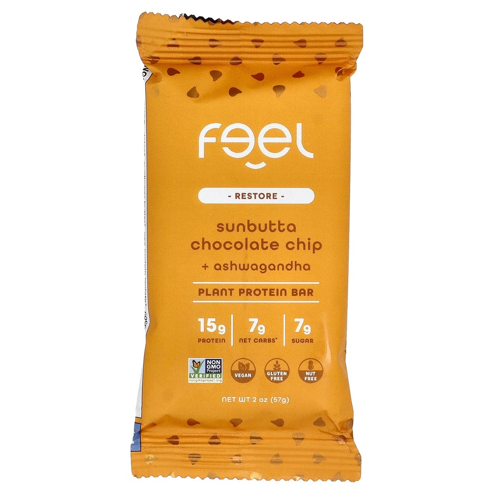 The Feel Bar, Restore, батончики с растительным протеином, Sunbutta, с шоколадной крошкой и ашвагандой, 10 батончиков по 57 г (2 унции)
